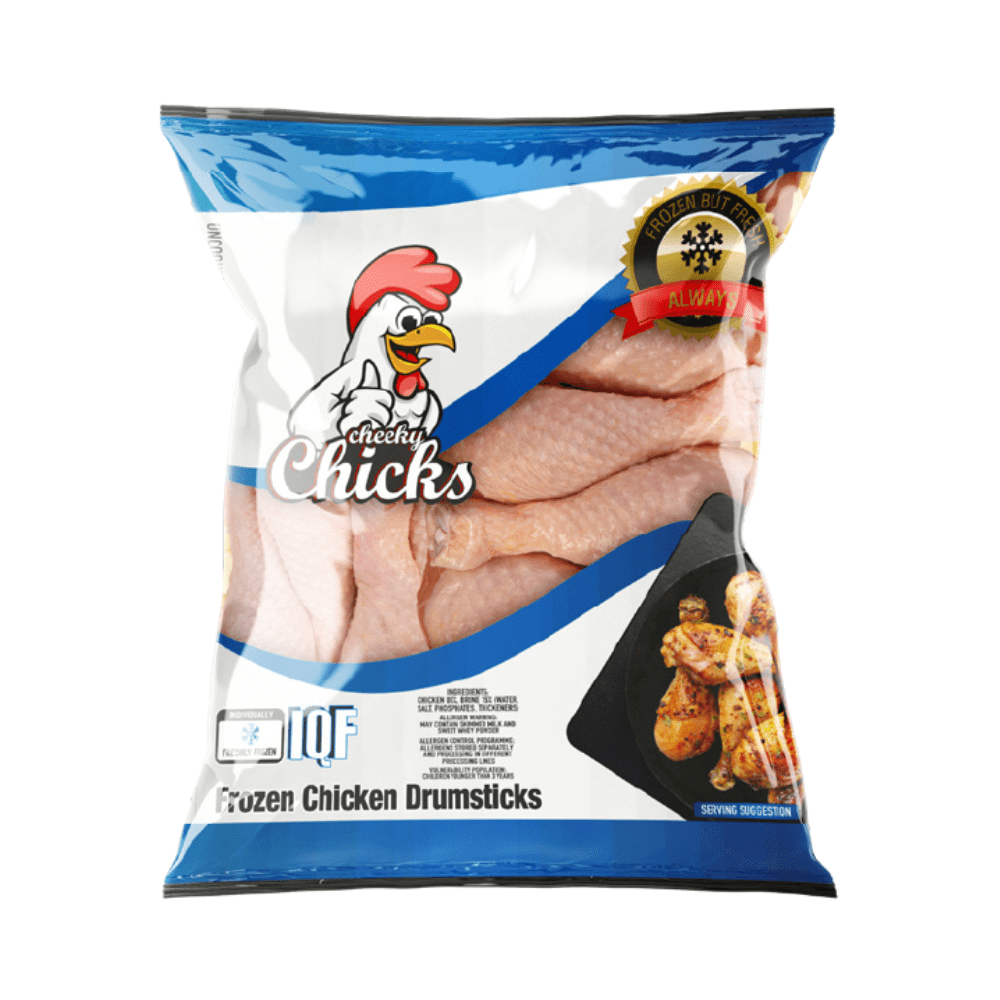 Frozen chicken drumsticks bag from Cheeky Chicks.