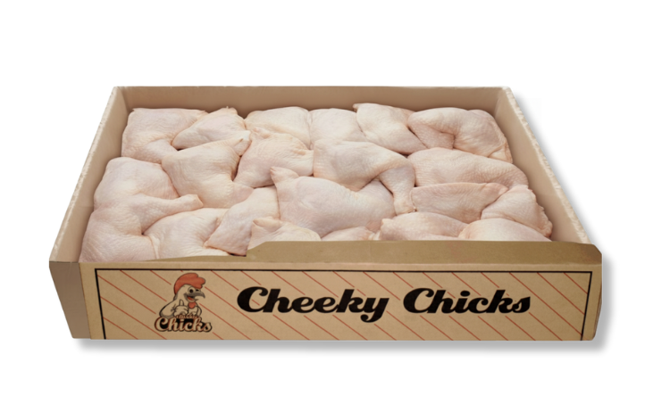 Boxed chicken leg quarters from Cheeky Chicks.