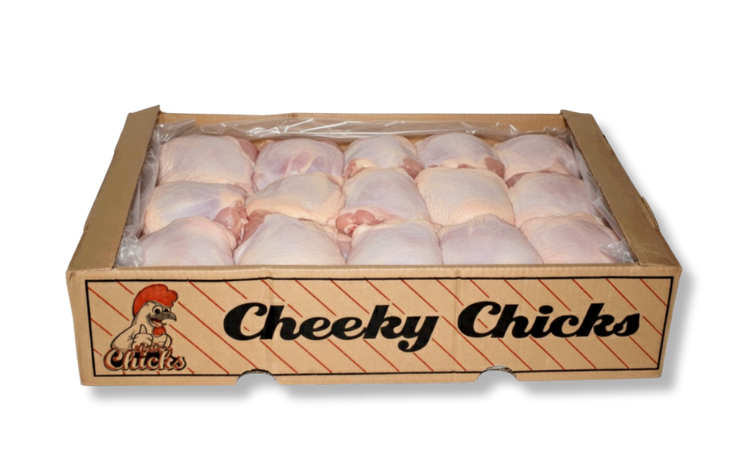 Boxed chicken thighs from Cheeky Chicks.