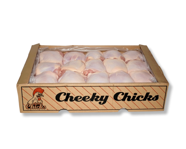 Boxed chicken thighs from Cheeky Chicks.